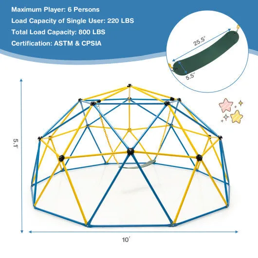 10 Feet Dome Climber with Swing and 800 Lbs Load Capacity-Multicolor - Color: Multicolor