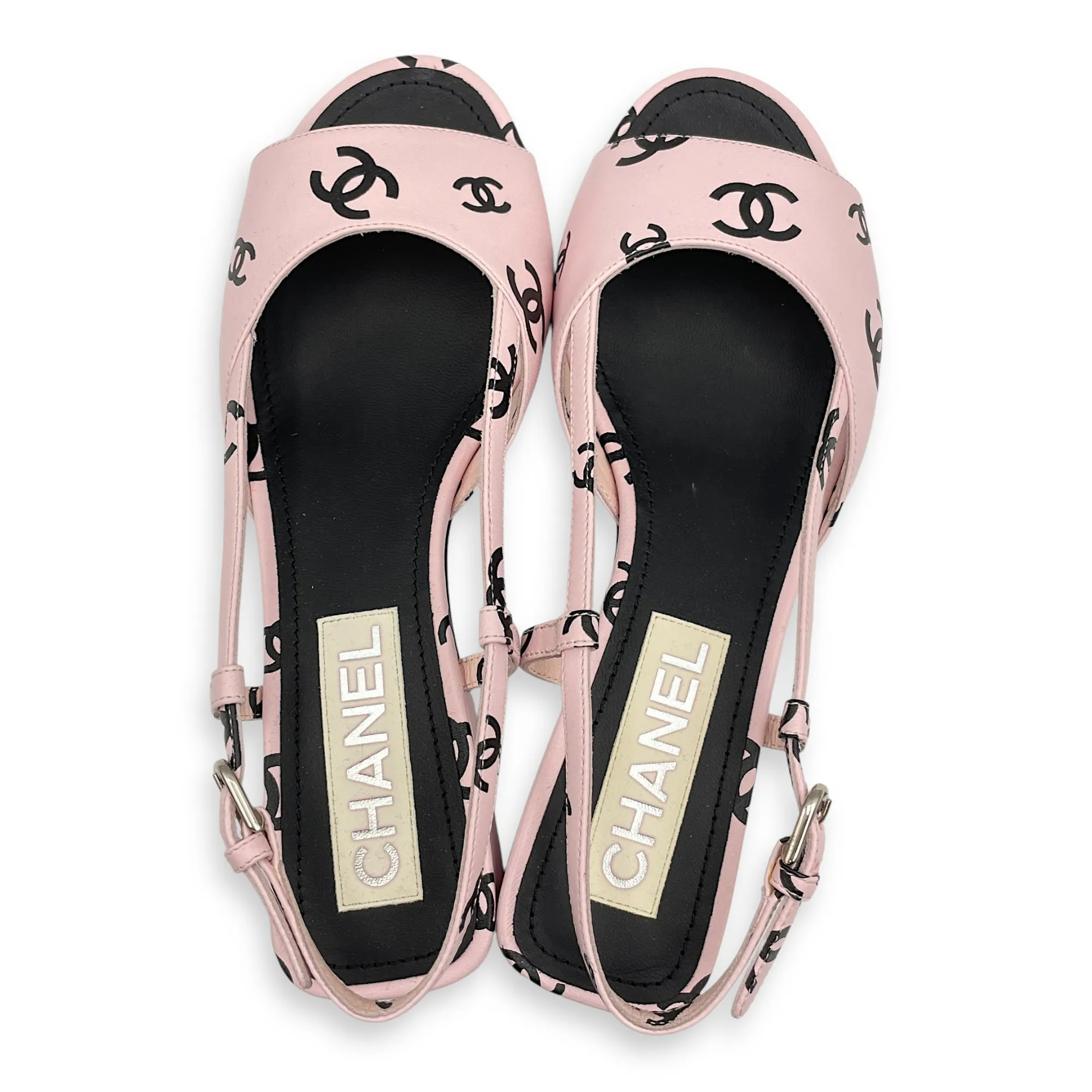 22S CC Logo Printed Slingback Sandal (3cm) 37.5 Pink Heels in Lambskin, Silver hardware