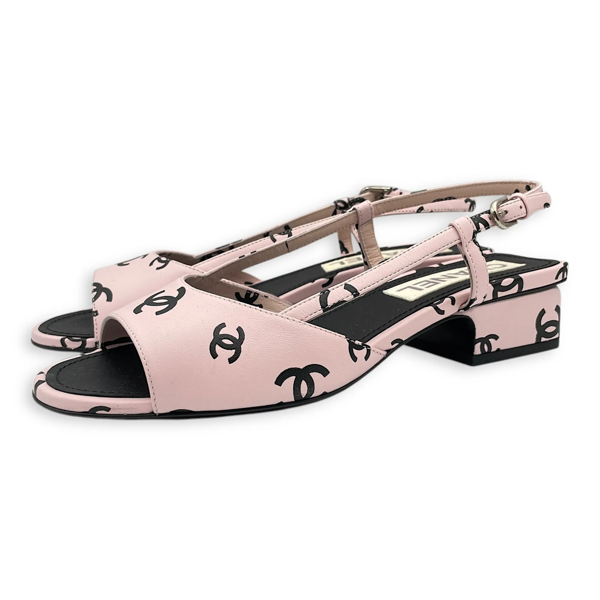 22S CC Logo Printed Slingback Sandal (3cm) 37.5 Pink Heels in Lambskin, Silver hardware