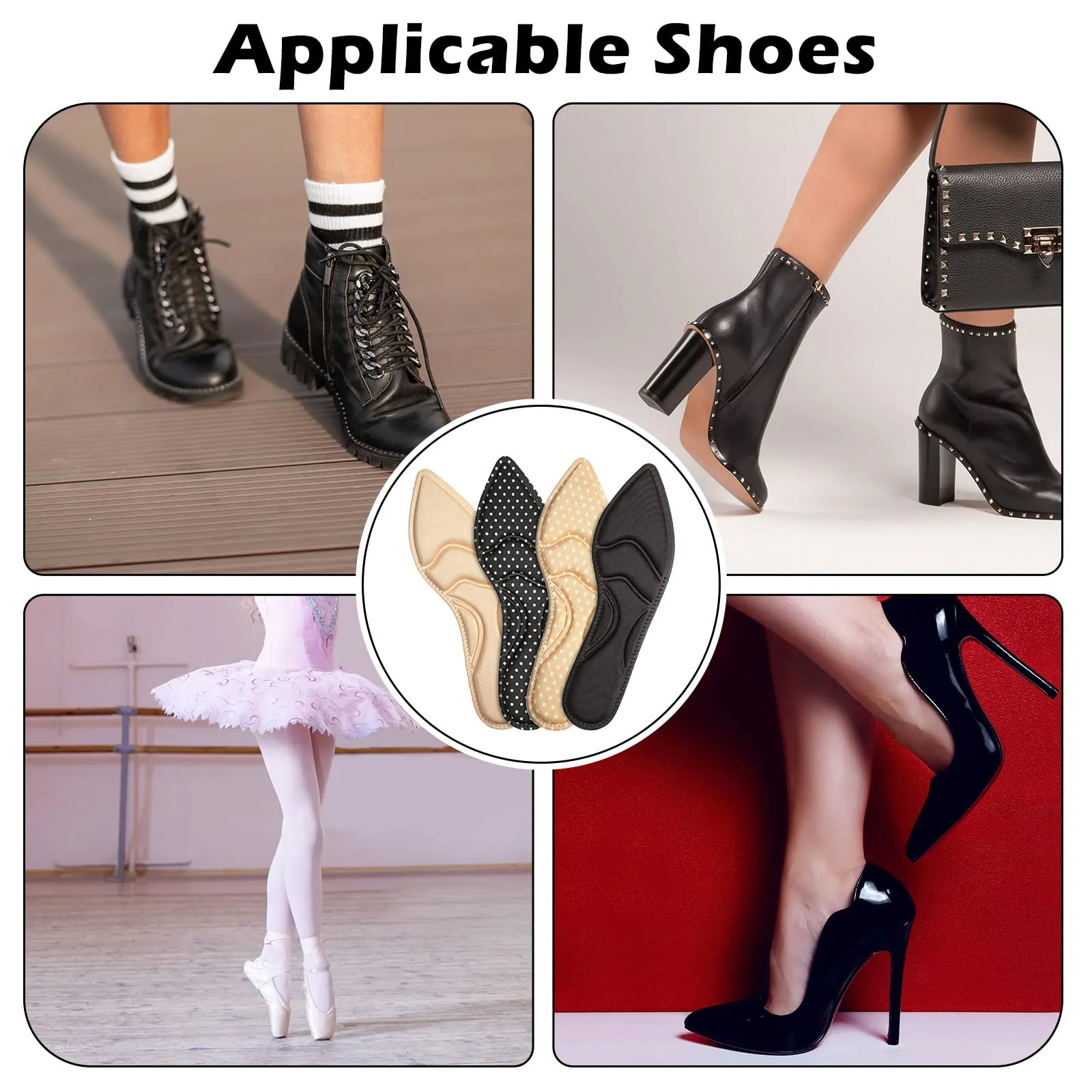 4 Pairs High Heel Insoles Breathable Shoe Pads 10.03 Inch Boot Inserts Foot Cushion Inserts Comfort Sponge Insert for Women Foot Pain, Arch Pain, Heel Sore, Loose Shoes (4 Tip Designs)