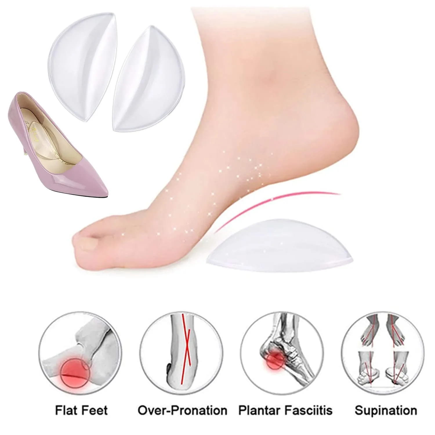 6 Pairs Arch Support Insoles, Silicone Flat Feet Plantar Fasciitis Orthotic Arch Insoles, Gel & Flannel Shoe Arch Support Cushion Pads for Women Men Kids by SamHeng