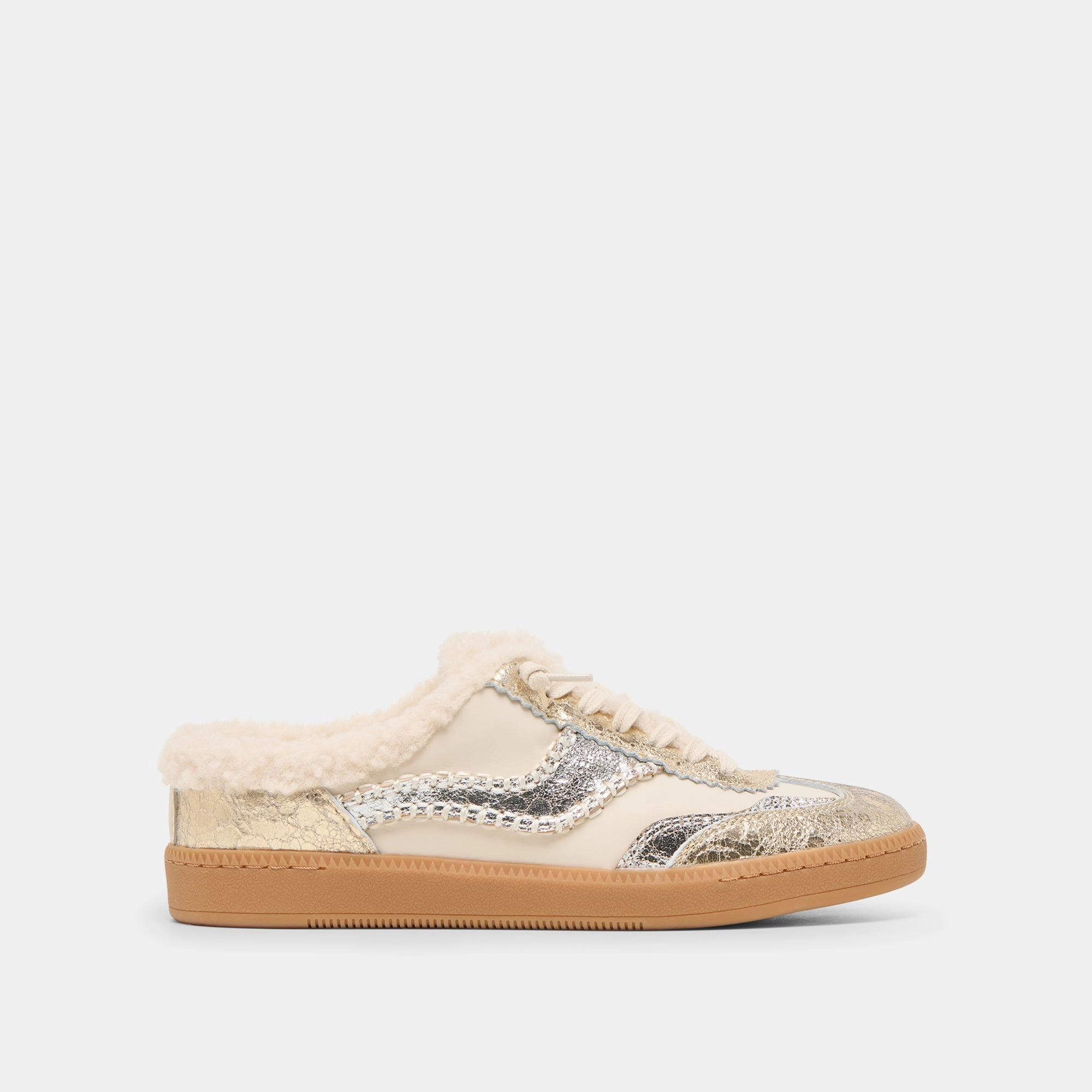 NOTICE SLIDE PLUSH SILVER GOLD CRACKLED LEATHER Leading Synthetic Leather Blend