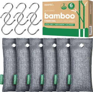 Activated Charcoal Odor Absorber,6 Pack Nature Odor Eliminator for Shoes, Bamboo Charcoal Air Purifying Bags,Shoe Deodorizer and Moisture Absorbers for Fresh Sneakers,Shoe Smell Remover For Shoe Deodorizer 6P with Hooks