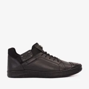 The Mumbai Black Leather Men Sneaker Final Sale! Microfiber Heel Counter