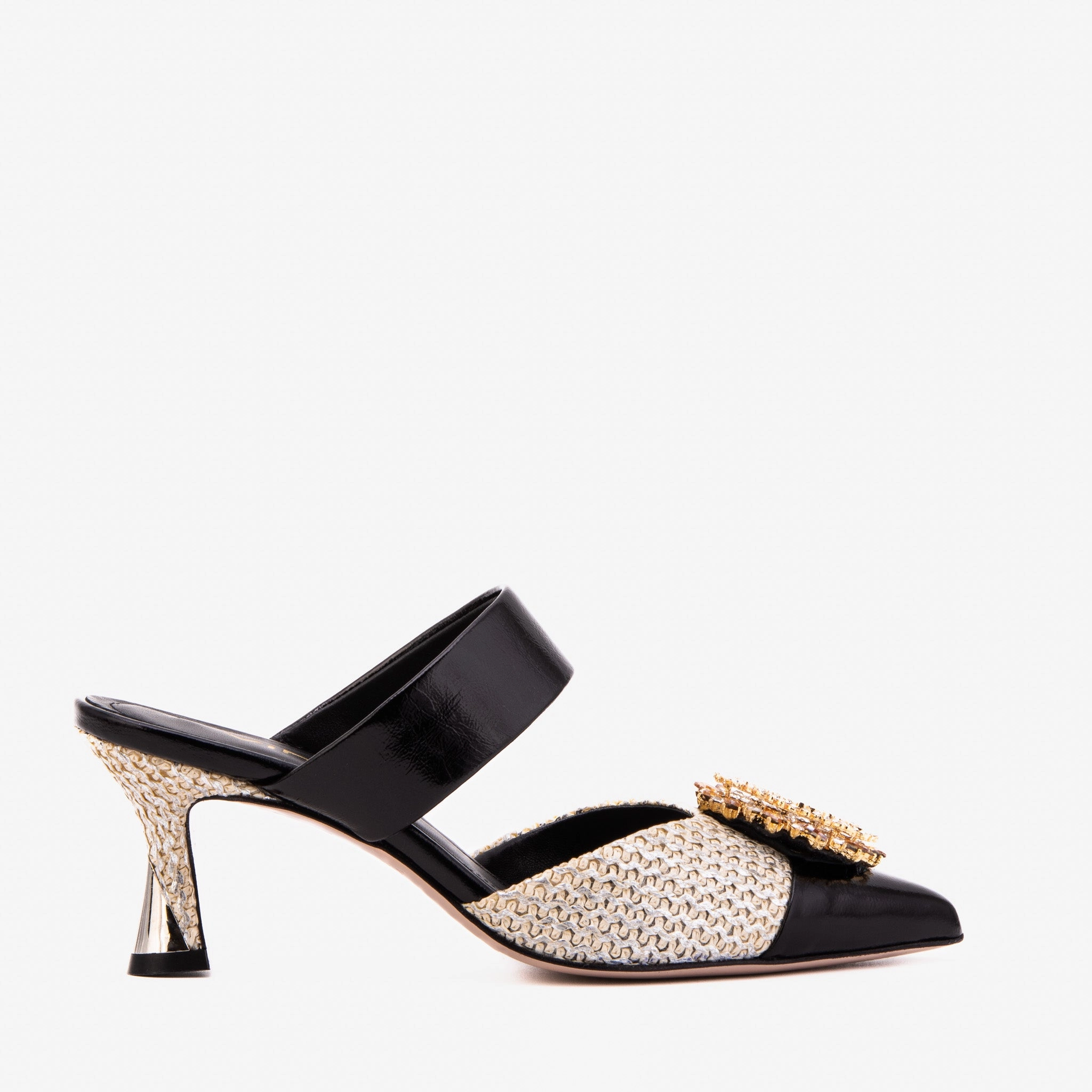 All-day shock absorption The Valencia Black & Cream Jewel Heel Women's Mule Sandal