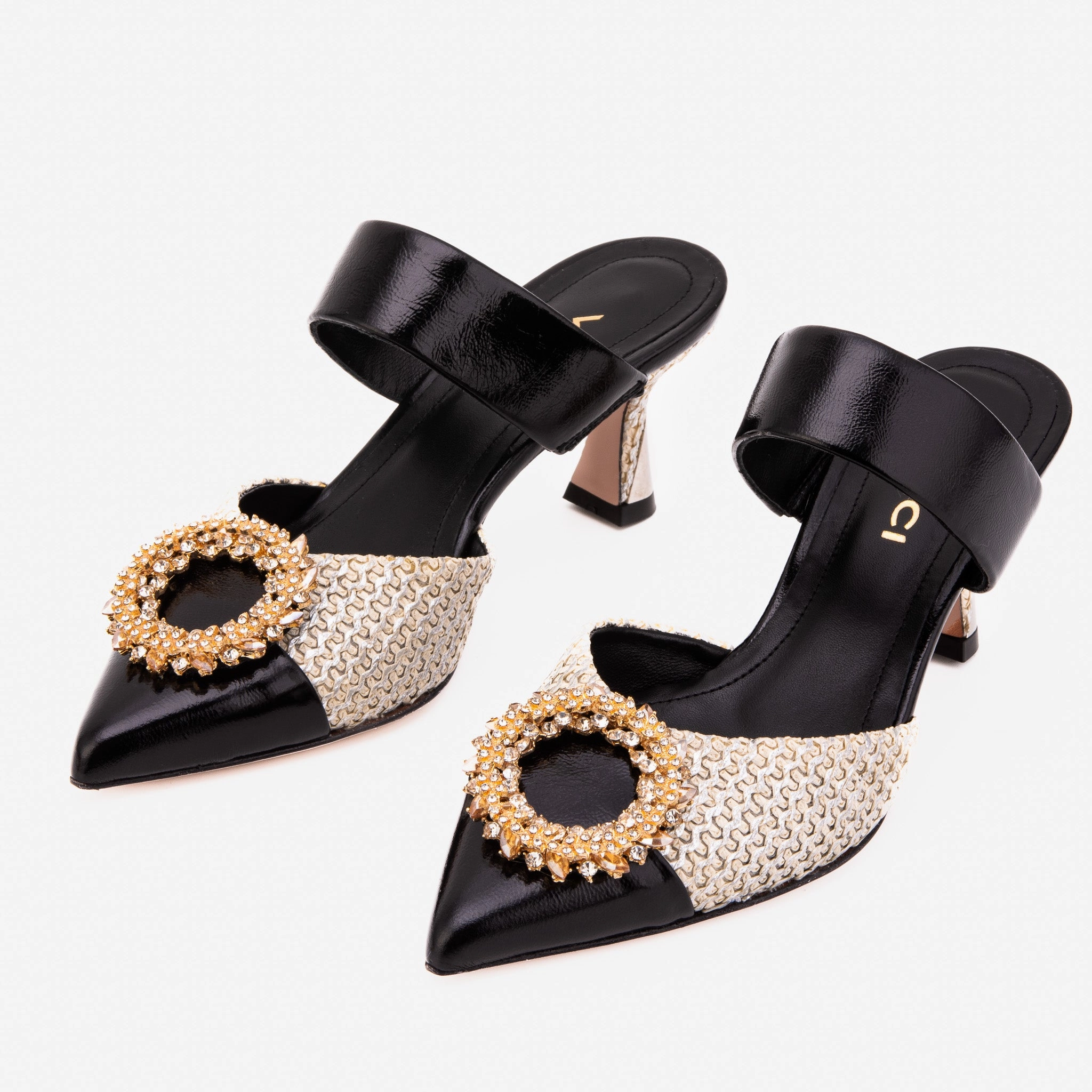 The Valencia Black & Cream Jewel Heel Women's Mule Sandal decorative - strap
