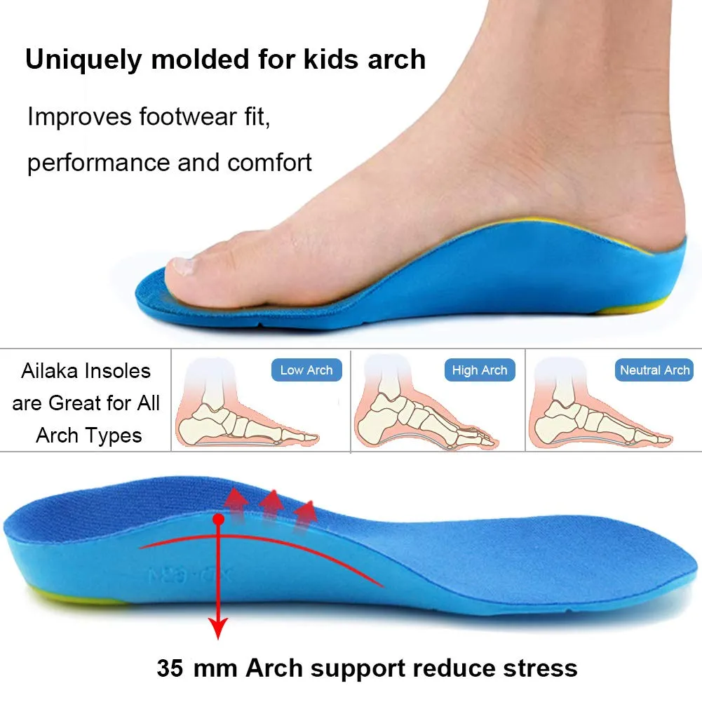 Ailaka Kids Orthotic Cushioning Arch Support Shoe Insoles, Children Pu Foam Inserts for Flat feet, Plantar Fasciitis, Feet Heel Pain Relief 2.5-4.5 M US Little Kid Blue