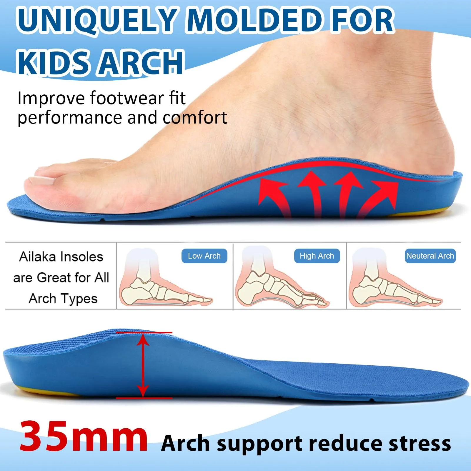 Ailaka Orthopedic Insoles Children, Orthopedic Shoe Insoles Children for Flat Feet, Heel Spurs, Plantar Fasciitis, Metatarsalgia Blue 37-39 EU 25.1cm