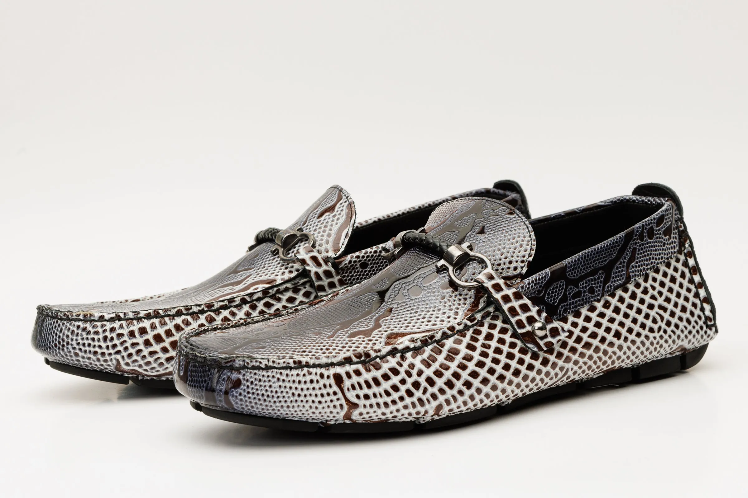 Bologna Black & White Bit Drive Loafer Men Shoe Classic Shape Patent Grain