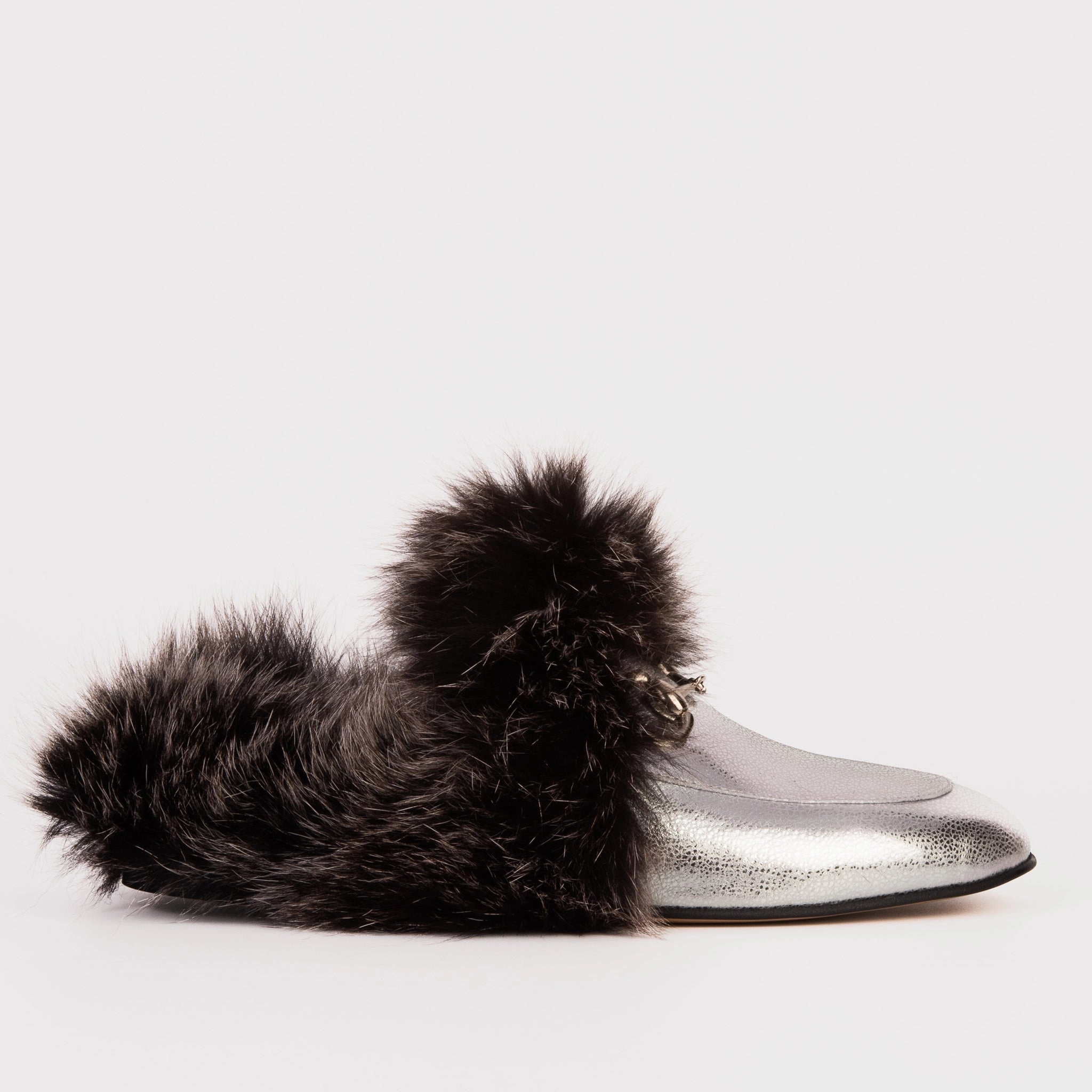The Izmir Silver Leather Natural Fur Women Slipper synthetic sole
