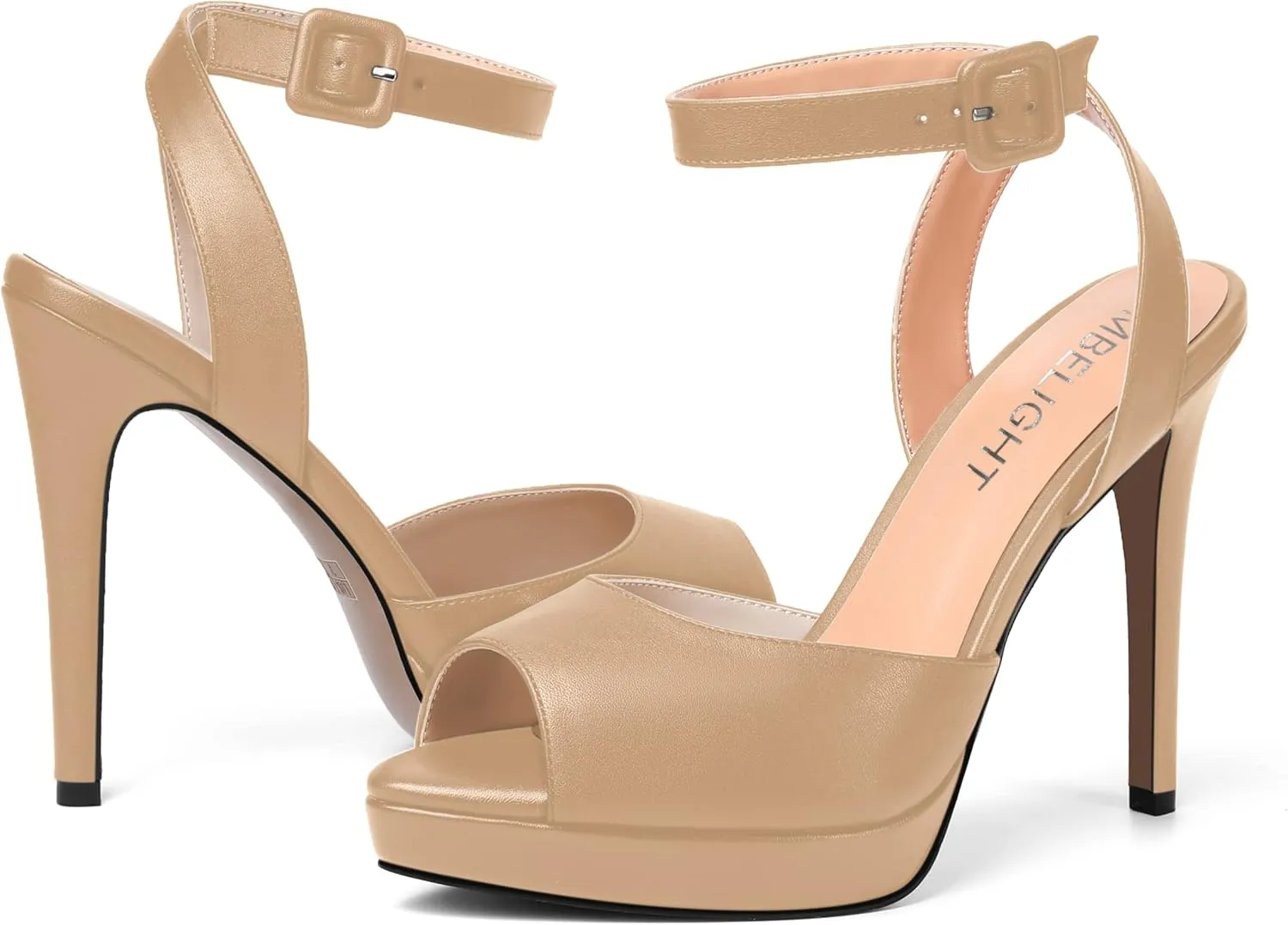 AMBELIGHT Womens Peep Toe Dating Platform Block Matte Buckle Dress Ankle Strap Stiletto High Heel Sandals 4.7 Inch