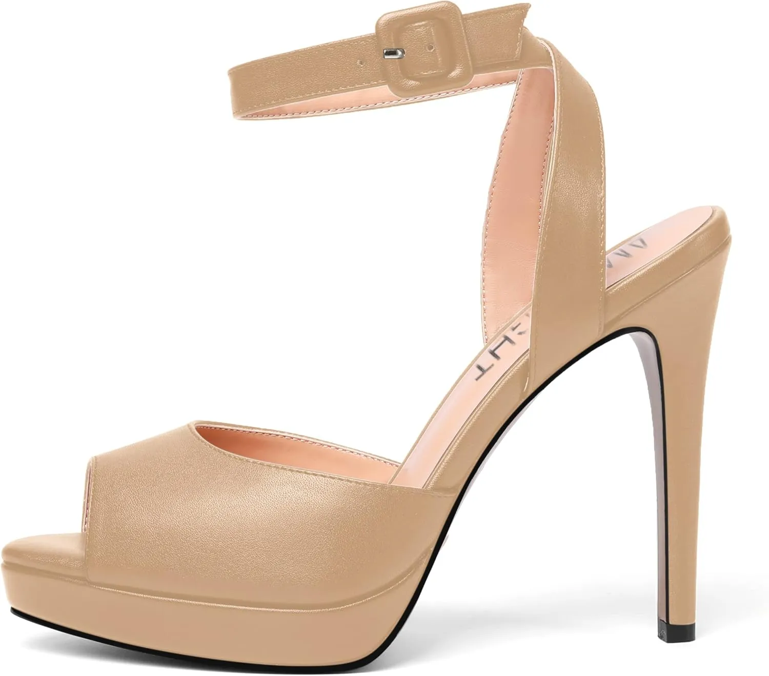 AMBELIGHT Womens Peep Toe Dating Platform Block Matte Buckle Dress Ankle Strap Stiletto High Heel Sandals 4.7 Inch
