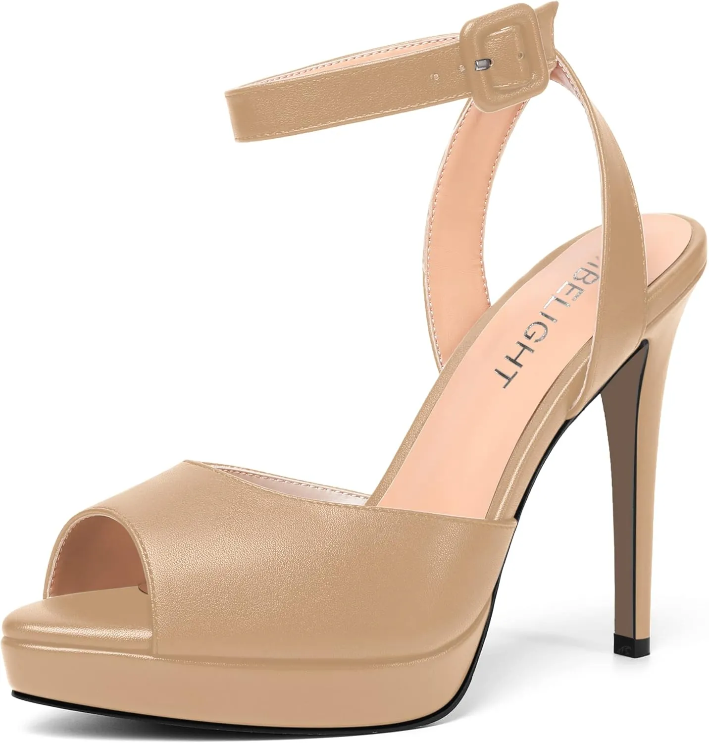 AMBELIGHT Womens Peep Toe Dating Platform Block Matte Buckle Dress Ankle Strap Stiletto High Heel Sandals 4.7 Inch