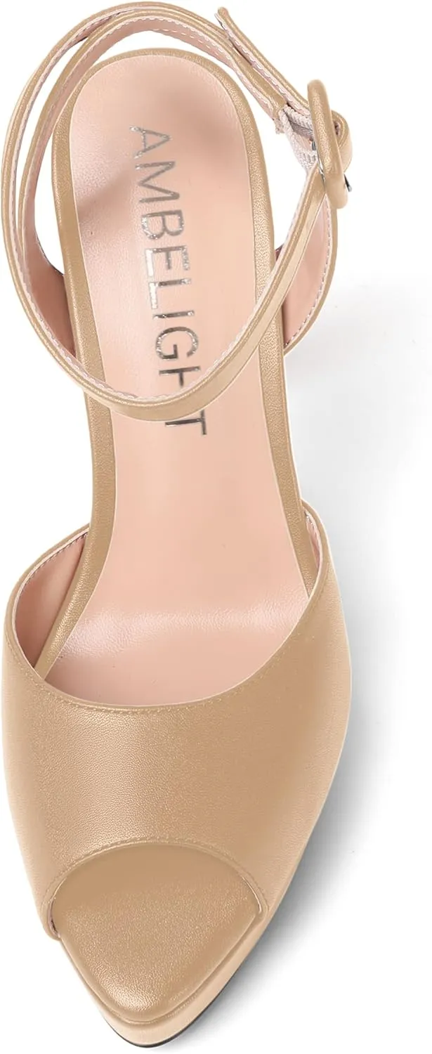 AMBELIGHT Womens Peep Toe Dating Platform Block Matte Buckle Dress Ankle Strap Stiletto High Heel Sandals 4.7 Inch