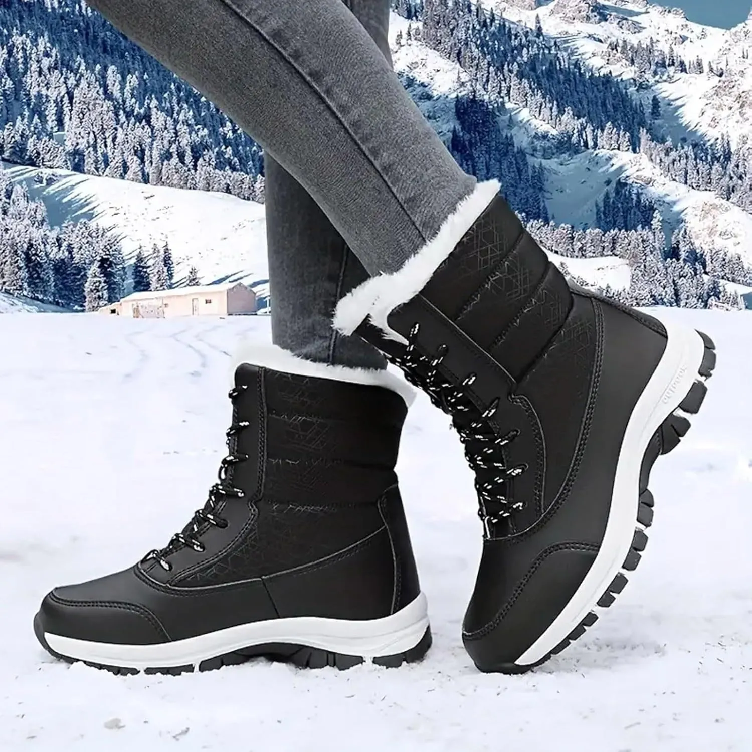 AMDBEL Snow Boots for Women Winter Waterproof Warm Fur Lined Mid Calf Booties Outdoor Anti-Slip Ankle Boots Walking Ski Shoes