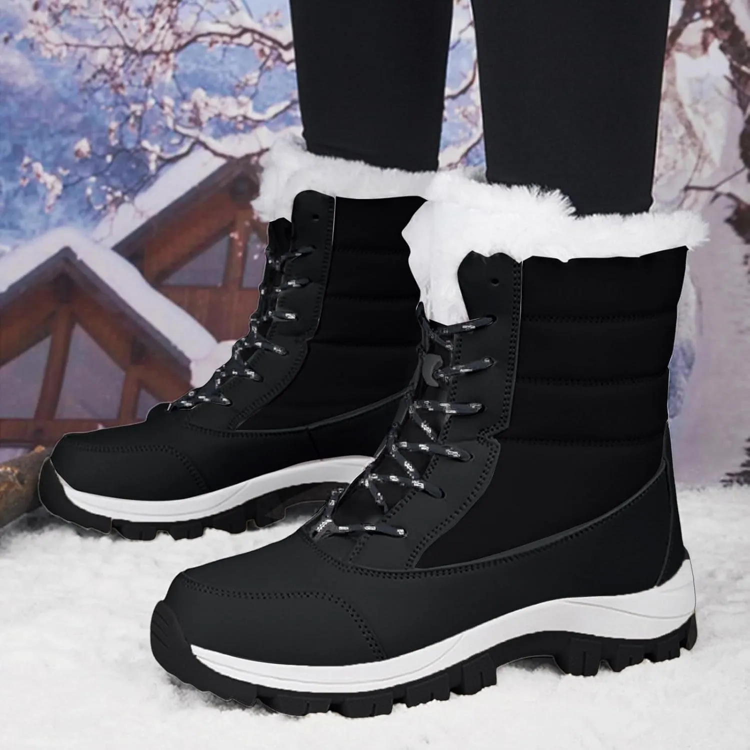 AMDBEL Snow Boots for Women Winter Waterproof Warm Fur Lined Mid Calf Booties Outdoor Anti-Slip Ankle Boots Walking Ski Shoes