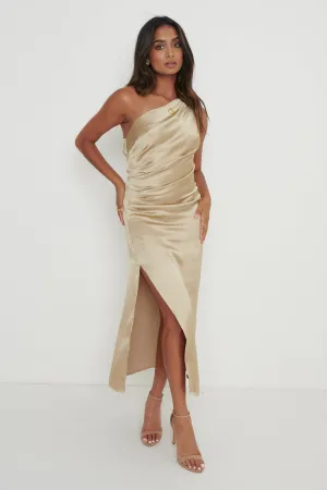 Amelia One Shoulder Ruched Satin Dress - Gold
