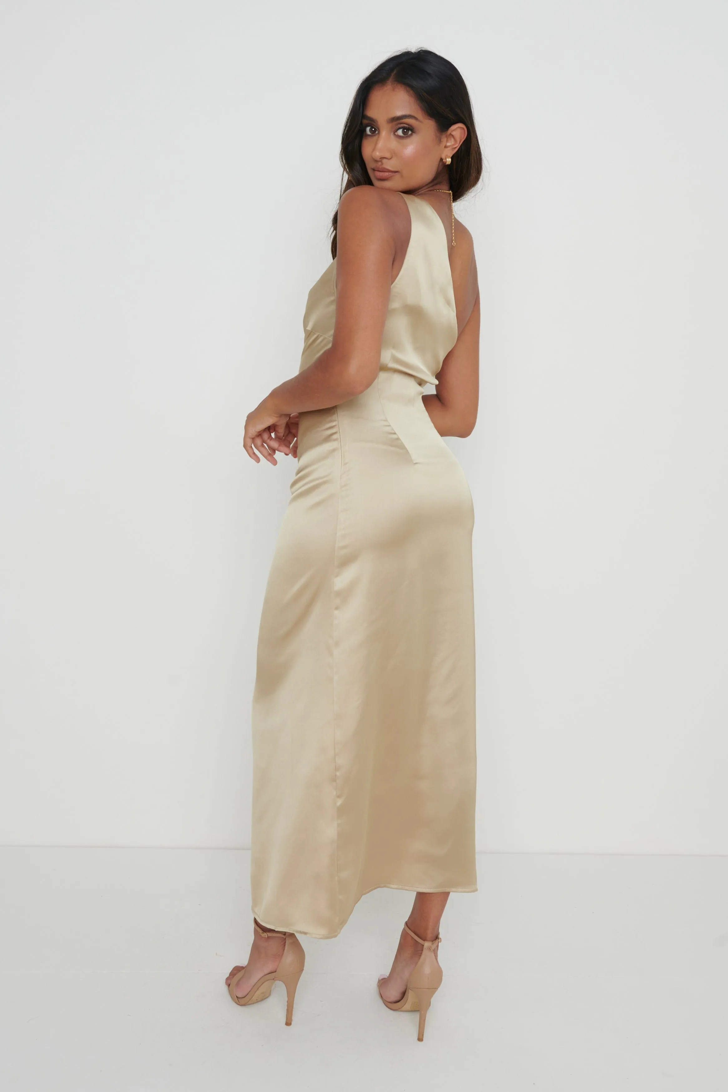 Amelia One Shoulder Ruched Satin Dress - Gold