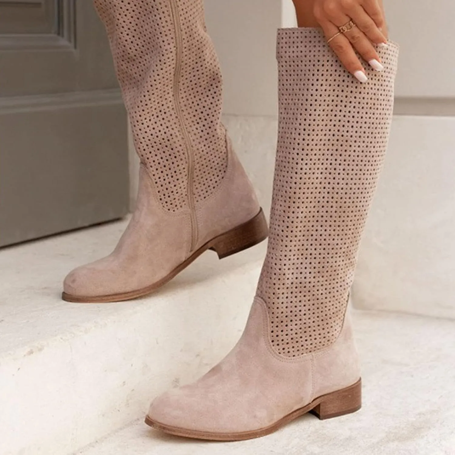 Ankle Boots For Women Hollow Out Suede Flats Thigh High Boots Pull On Knee High Boots Mid Calf Fall Boots