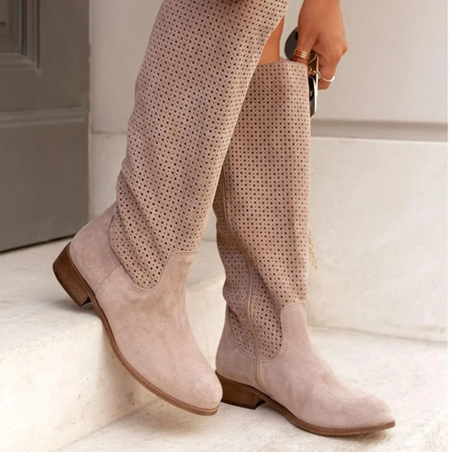 Ankle Boots For Women Hollow Out Suede Flats Thigh High Boots Pull On Knee High Boots Mid Calf Fall Boots