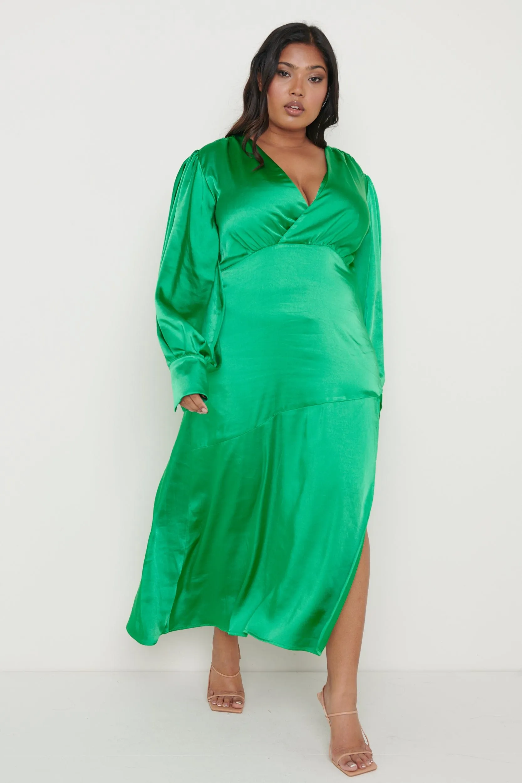 Annalise Backless Balloon Sleeve Satin Dress - Emerald