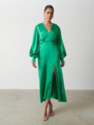 Annalise Backless Balloon Sleeve Satin Dress - Emerald