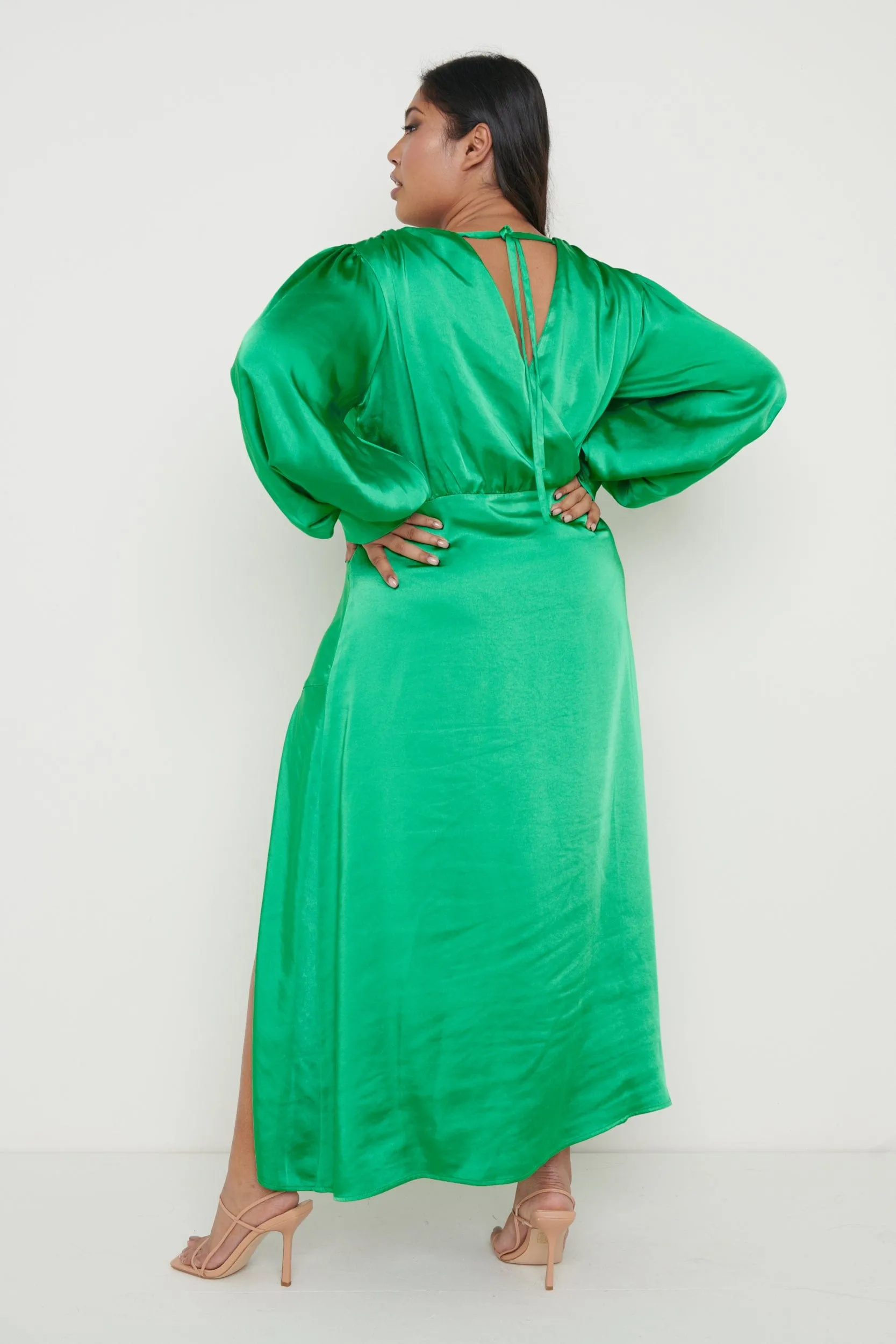 Annalise Backless Balloon Sleeve Satin Dress - Emerald