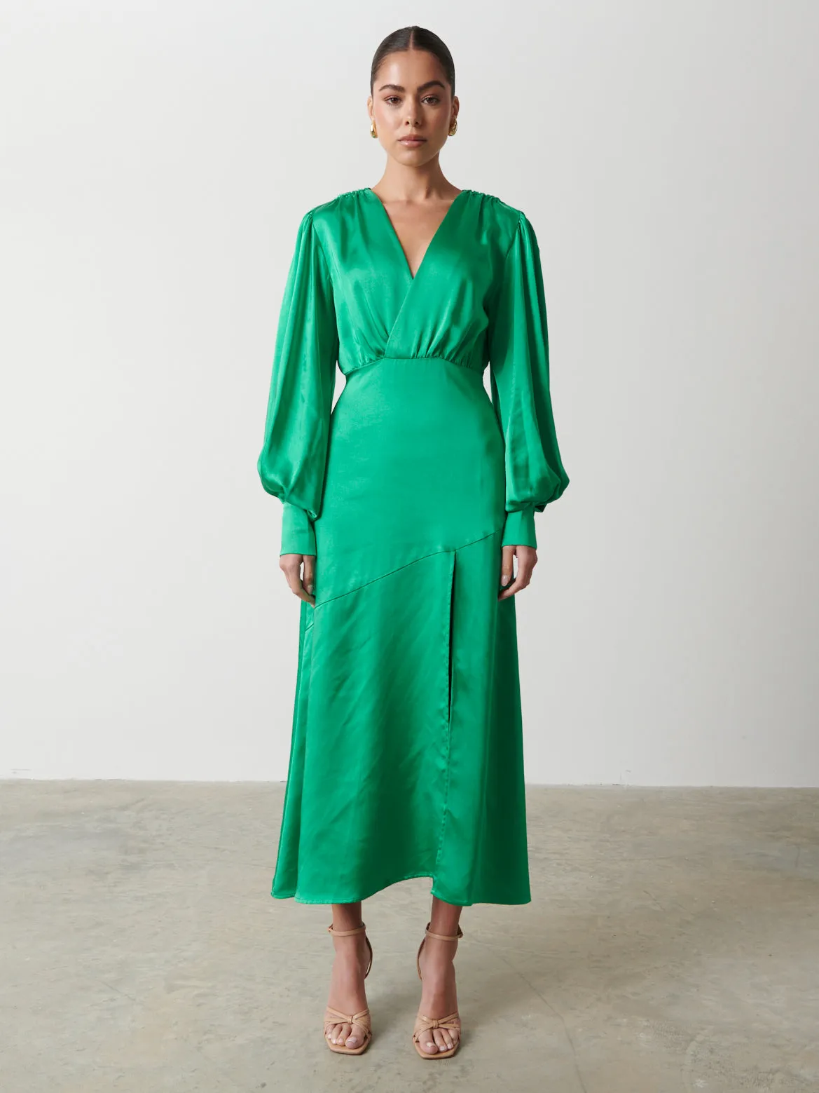 Annalise Backless Balloon Sleeve Satin Dress - Emerald