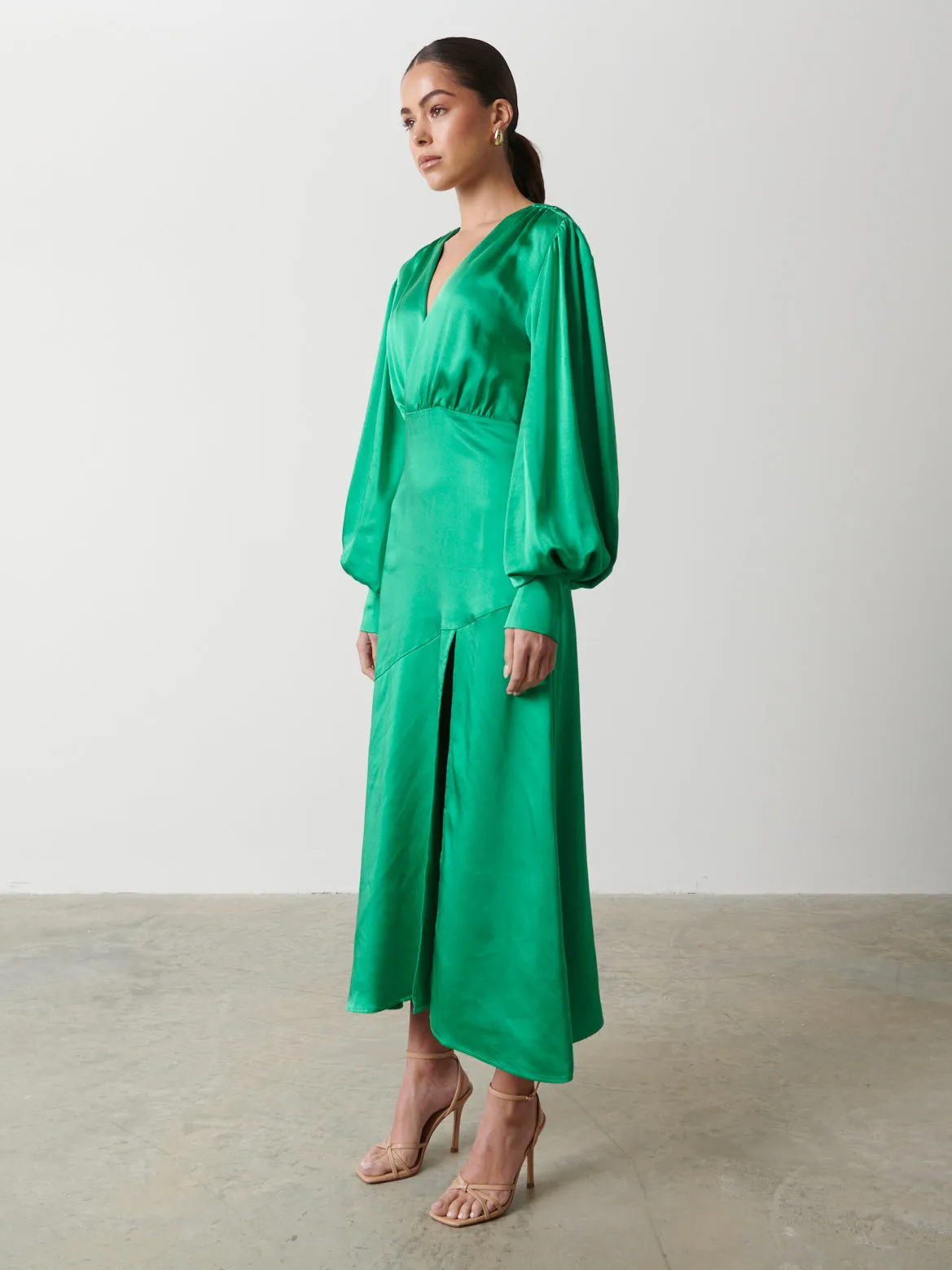 Annalise Backless Balloon Sleeve Satin Dress - Emerald