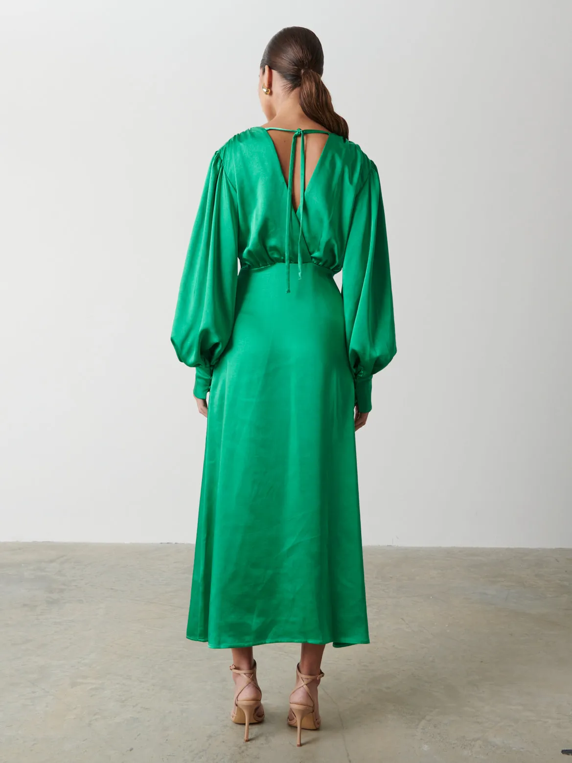 Annalise Backless Balloon Sleeve Satin Dress - Emerald