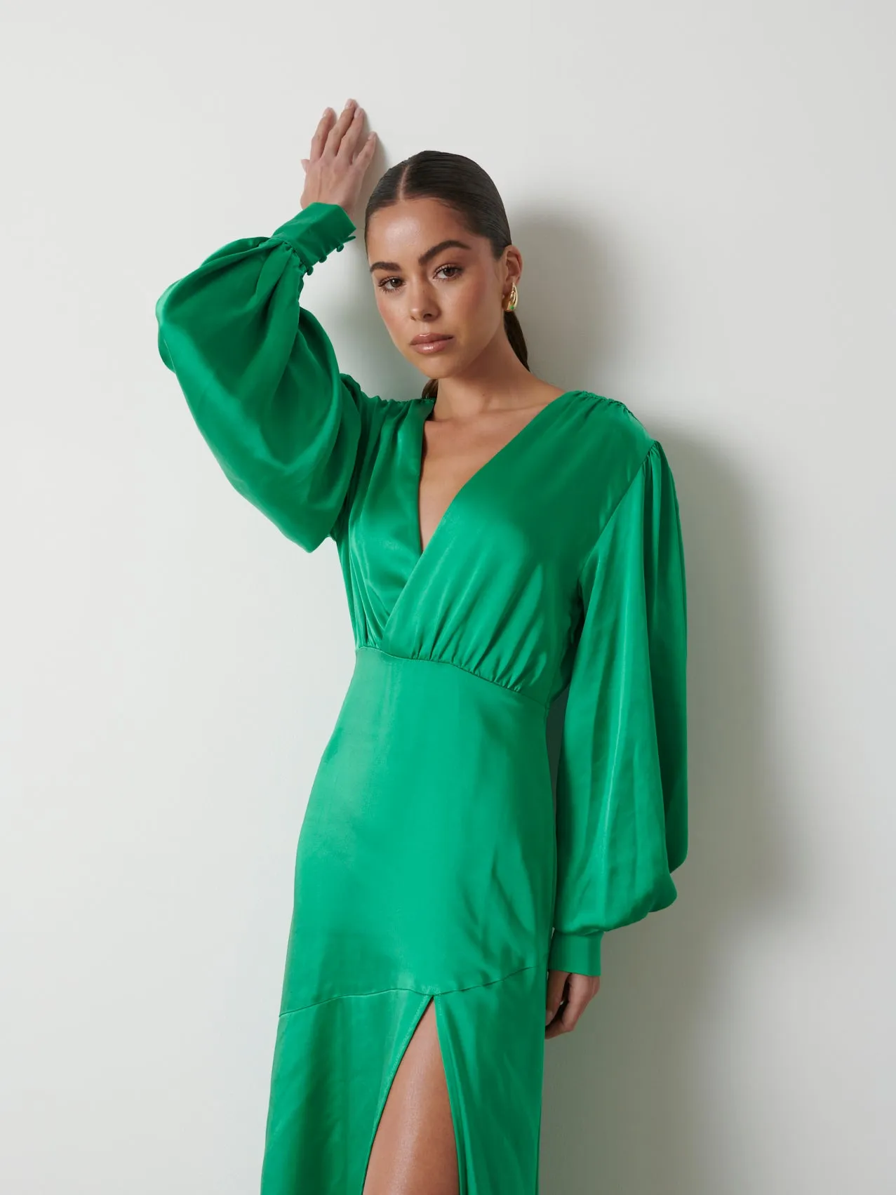 Annalise Backless Balloon Sleeve Satin Dress - Emerald