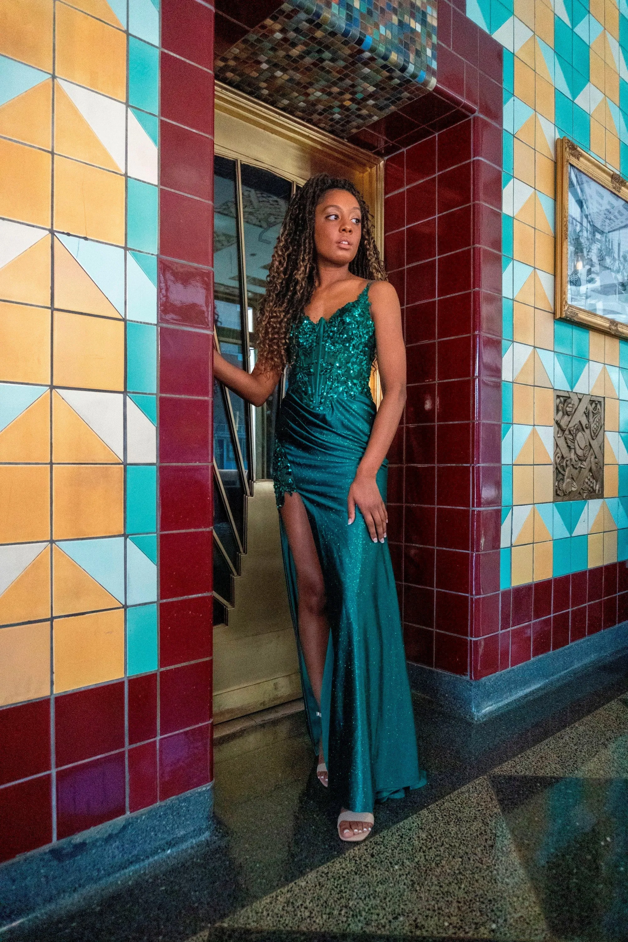 Applique Fitted Satin Glitter Slit Gown by Ladivine CDS439 - Outlet