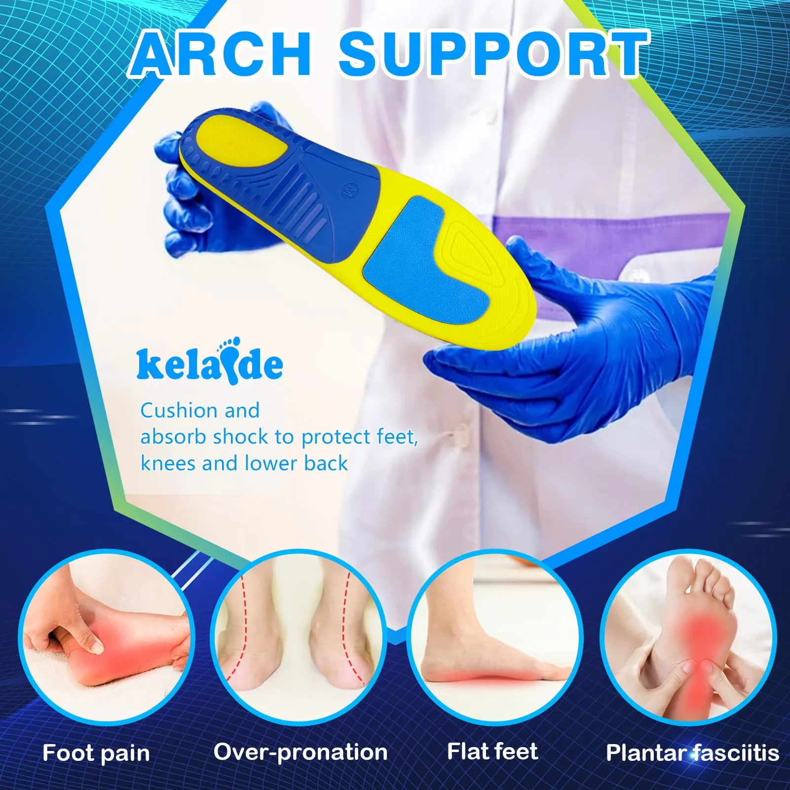 Arch Support Plantar Fasciitis Insoles - Shoe Inserts for Flat Feet, Heel Spur, Heel Pain, Plantar Fasciitis Relief Insoles - Gel Orthotic Inserts for Women & Men - All-Day Shock Absorption Blue M: (Men 8-9.5/Women 10-11.5)