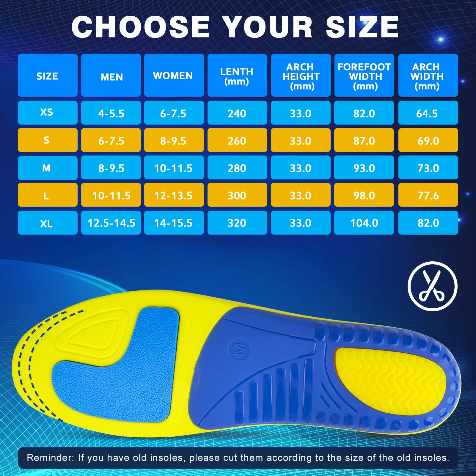 Arch Support Plantar Fasciitis Insoles - Shoe Inserts for Flat Feet, Heel Spur, Heel Pain, Plantar Fasciitis Relief Insoles - Gel Orthotic Inserts for Women & Men - All-Day Shock Absorption Blue M: (Men 8-9.5/Women 10-11.5)