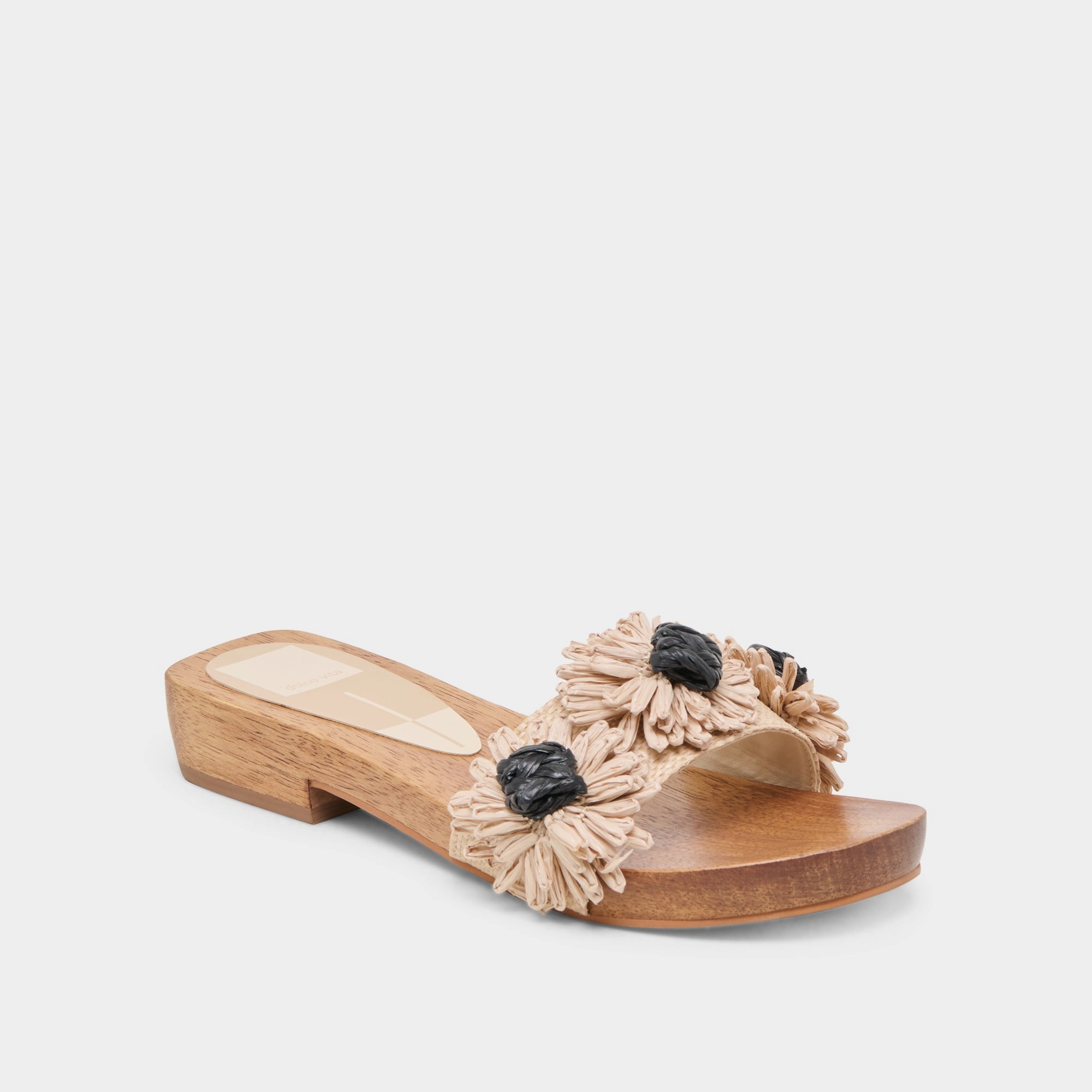 Reinforced Stitch Bonding ARIENA SANDALS BLACK NATURAL FLORAL RAFFIA