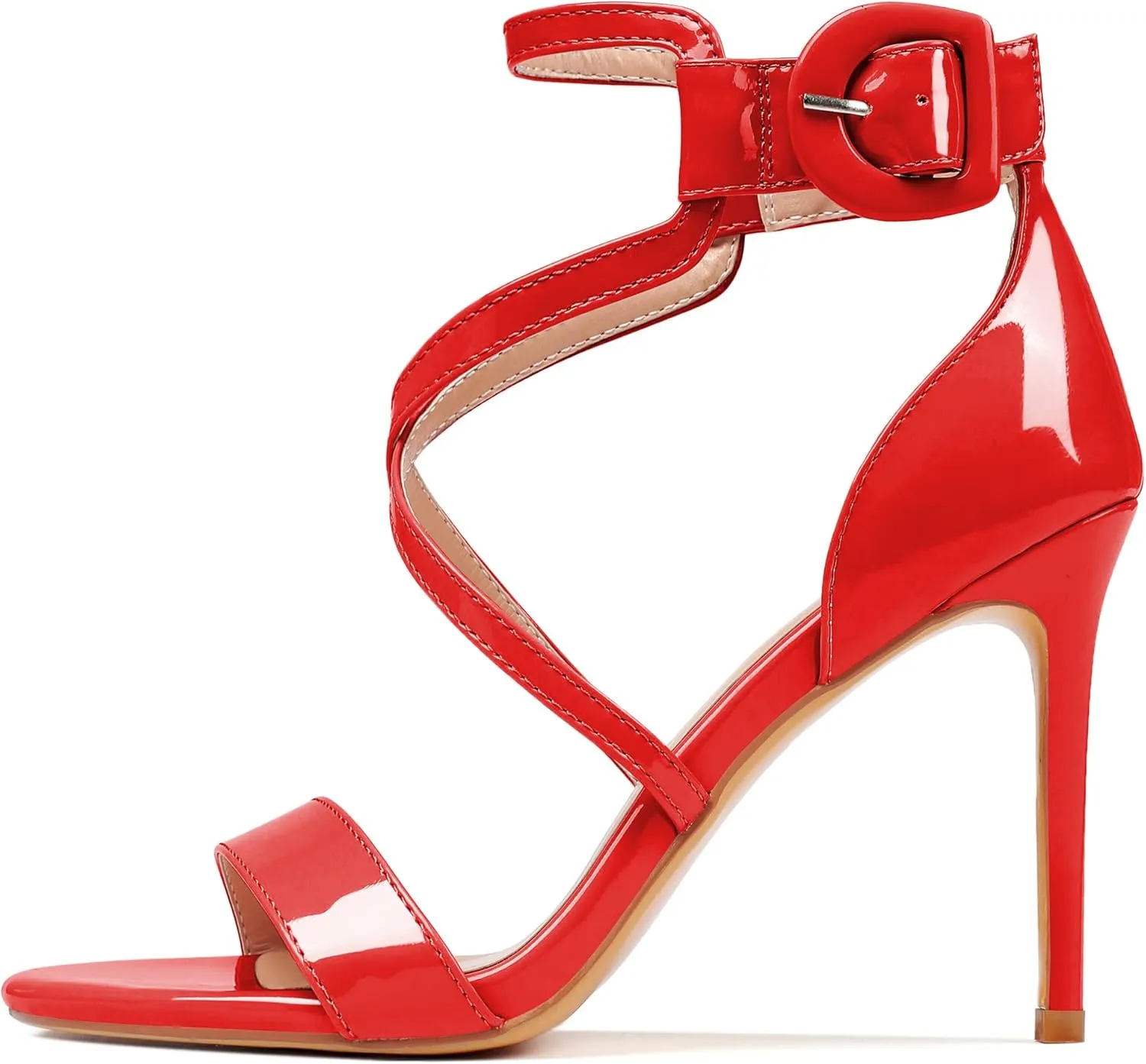 AUMOTED Women Heeled Sandals Stilettos High Heels Solid Patent Open Toe Sandals Criss Cross Ankle Strap Summer Shoes 4 Inch