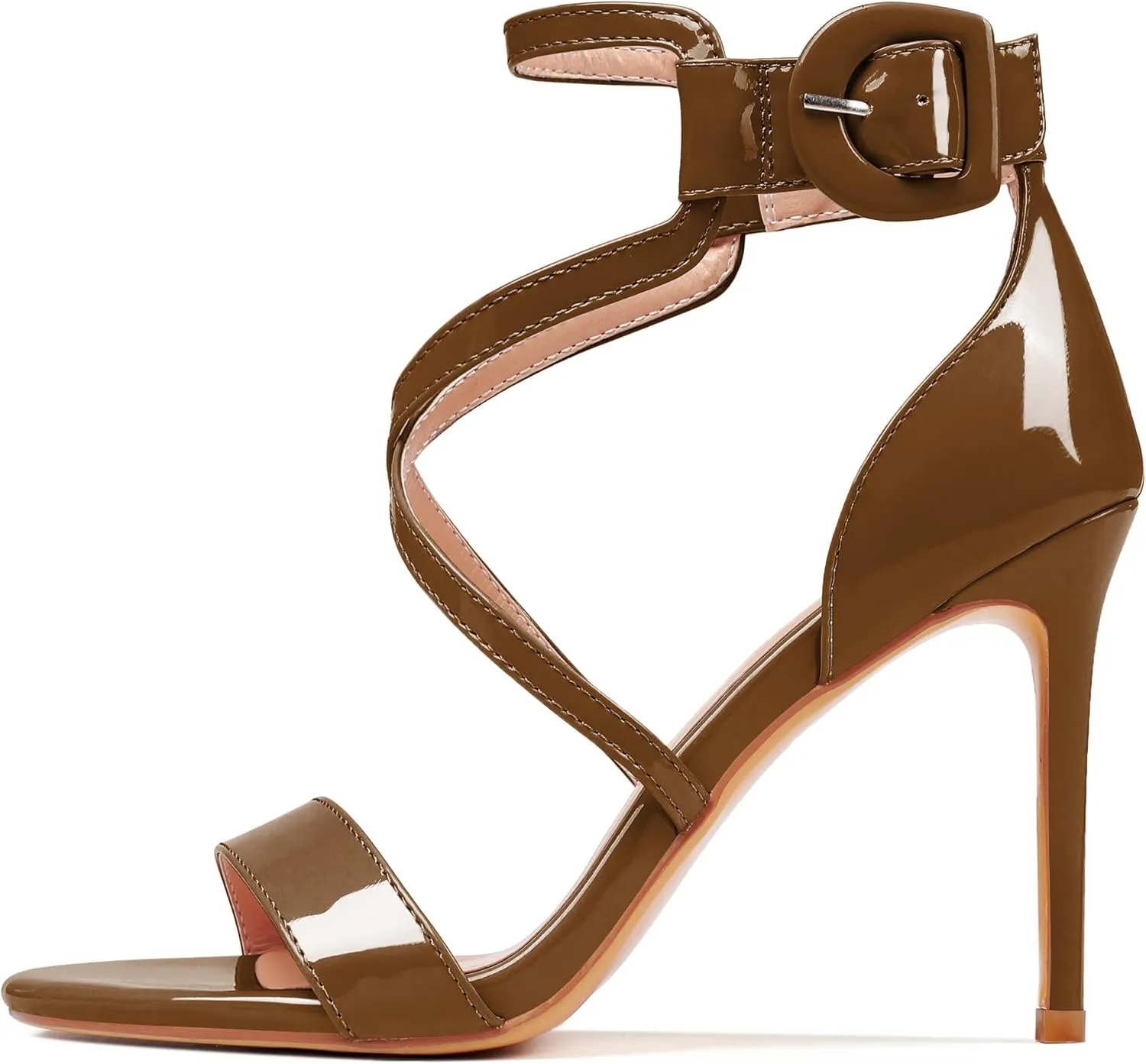 AUMOTED Women Heeled Sandals Stilettos High Heels Solid Patent Open Toe Sandals Criss Cross Ankle Strap Summer Shoes 4 Inch
