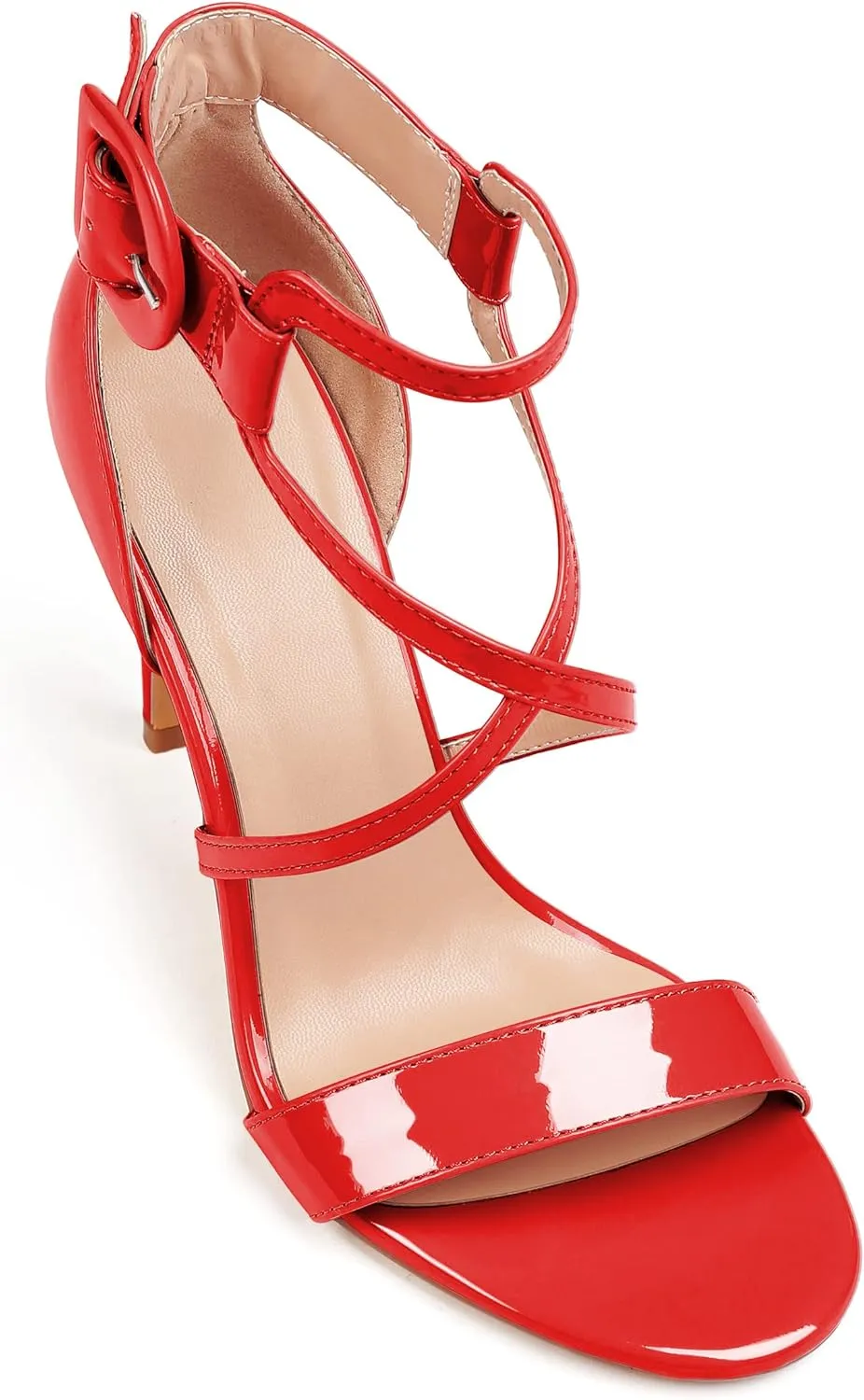 AUMOTED Women Heeled Sandals Stilettos High Heels Solid Patent Open Toe Sandals Criss Cross Ankle Strap Summer Shoes 4 Inch