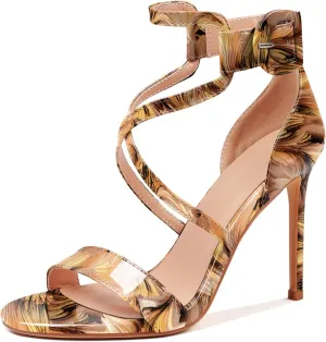 AUMOTED Women Heeled Sandals Stilettos High Heels Solid Patent Open Toe Sandals Criss Cross Ankle Strap Summer Shoes 4 Inch