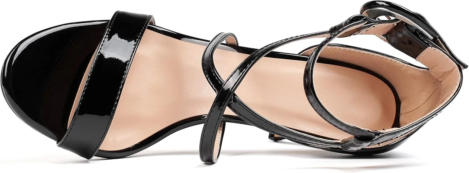 AUMOTED Women Heeled Sandals Stilettos High Heels Solid Patent Open Toe Sandals Criss Cross Ankle Strap Summer Shoes 4 Inch