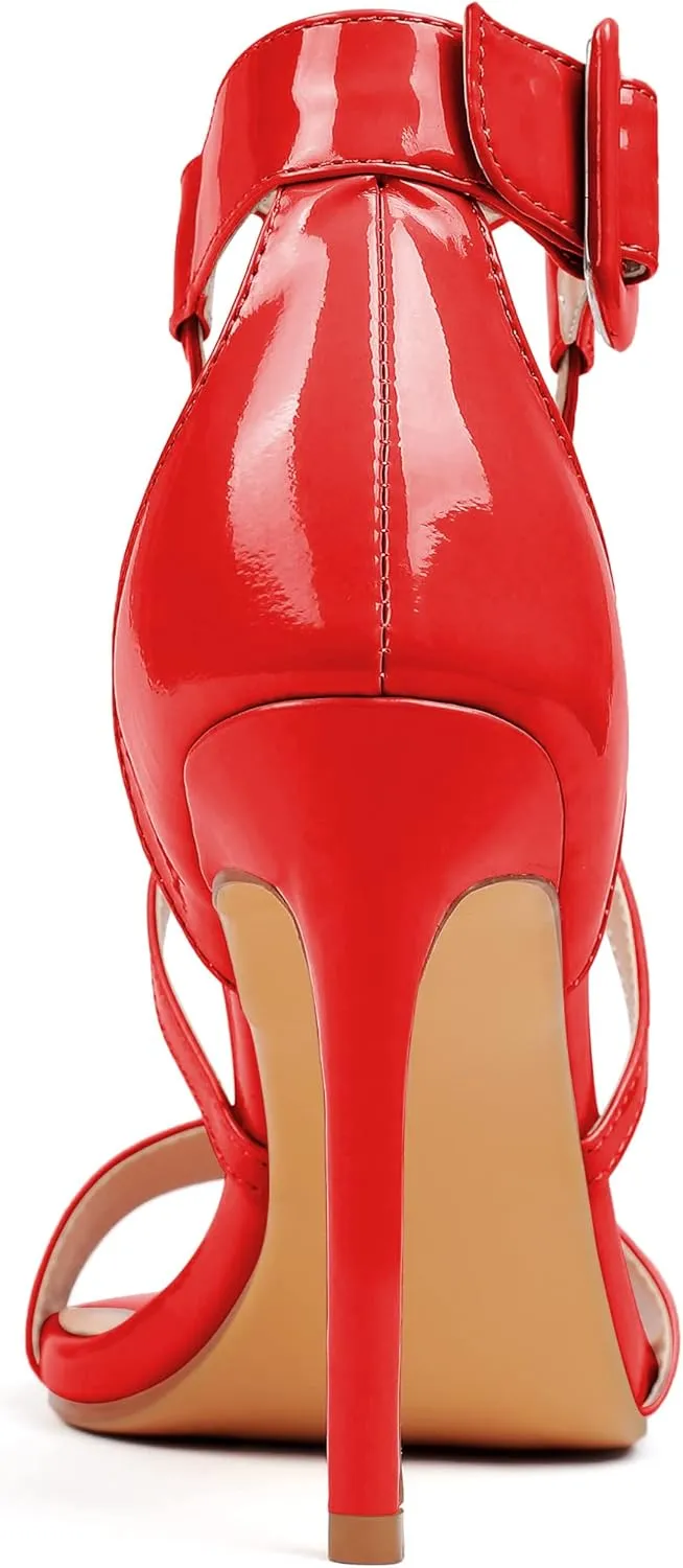 AUMOTED Women Heeled Sandals Stilettos High Heels Solid Patent Open Toe Sandals Criss Cross Ankle Strap Summer Shoes 4 Inch