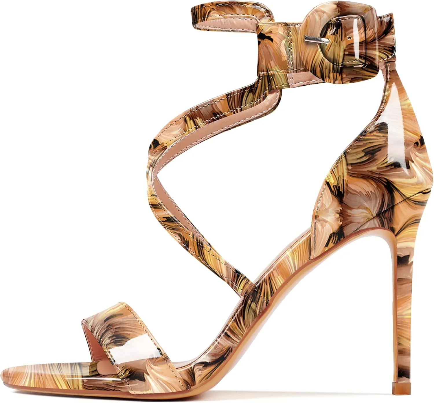 AUMOTED Women Heeled Sandals Stilettos High Heels Solid Patent Open Toe Sandals Criss Cross Ankle Strap Summer Shoes 4 Inch