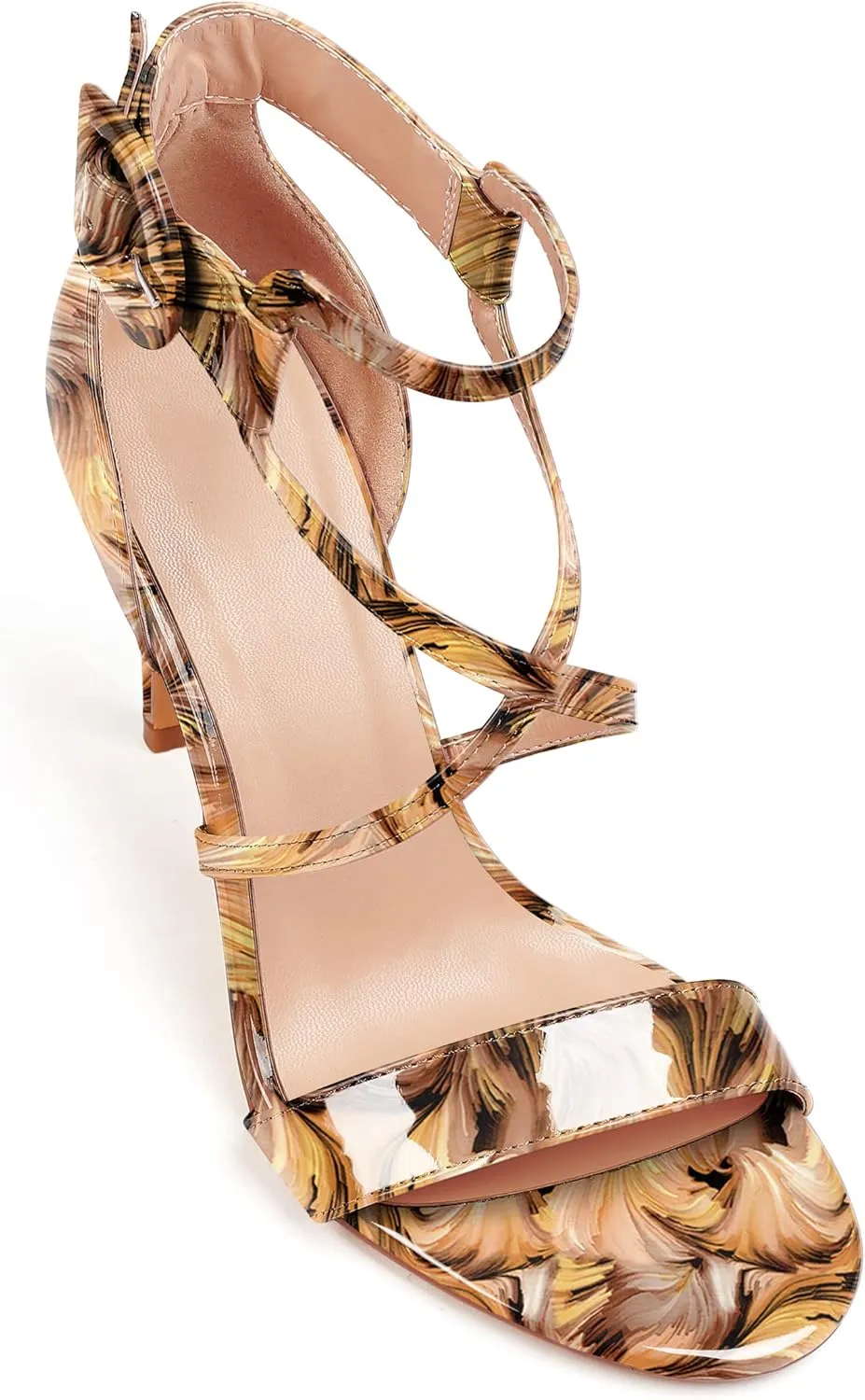 AUMOTED Women Heeled Sandals Stilettos High Heels Solid Patent Open Toe Sandals Criss Cross Ankle Strap Summer Shoes 4 Inch