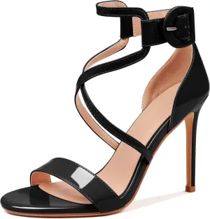 AUMOTED Women Heeled Sandals Stilettos High Heels Solid Patent Open Toe Sandals Criss Cross Ankle Strap Summer Shoes 4 Inch