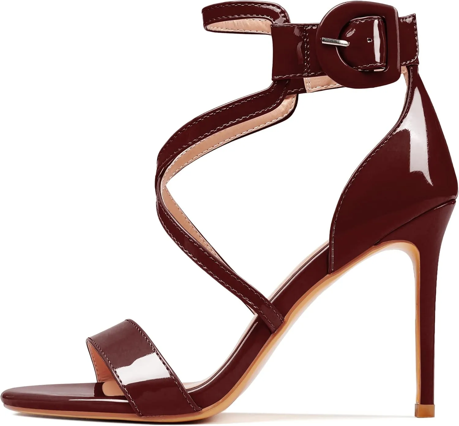 AUMOTED Women Heeled Sandals Stilettos High Heels Solid Patent Open Toe Sandals Criss Cross Ankle Strap Summer Shoes 4 Inch