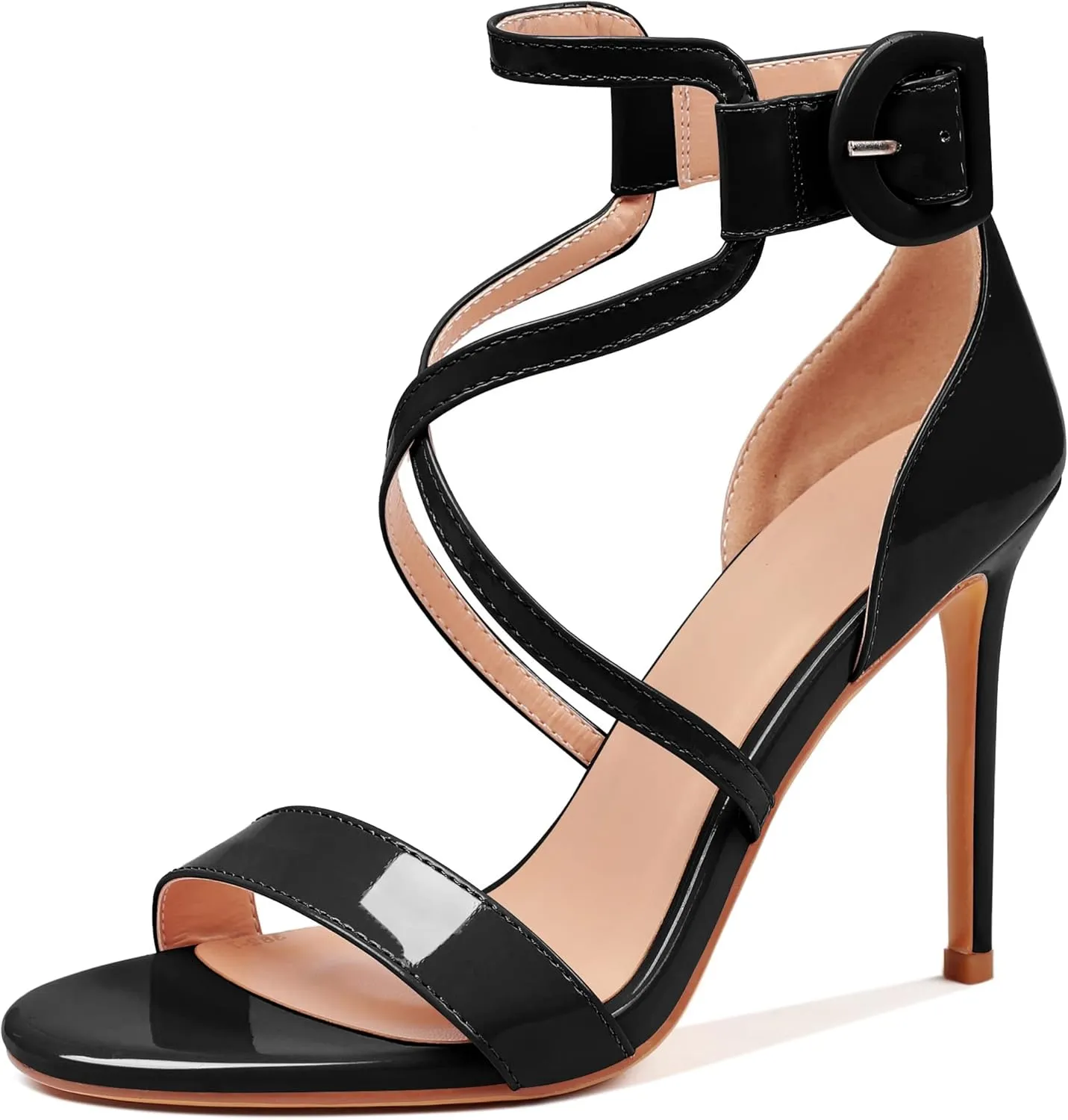 AUMOTED Women Heeled Sandals Stilettos High Heels Solid Patent Open Toe Sandals Criss Cross Ankle Strap Summer Shoes 4 Inch