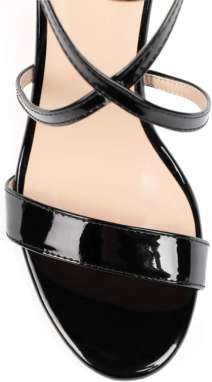 AUMOTED Women Heeled Sandals Stilettos High Heels Solid Patent Open Toe Sandals Criss Cross Ankle Strap Summer Shoes 4 Inch