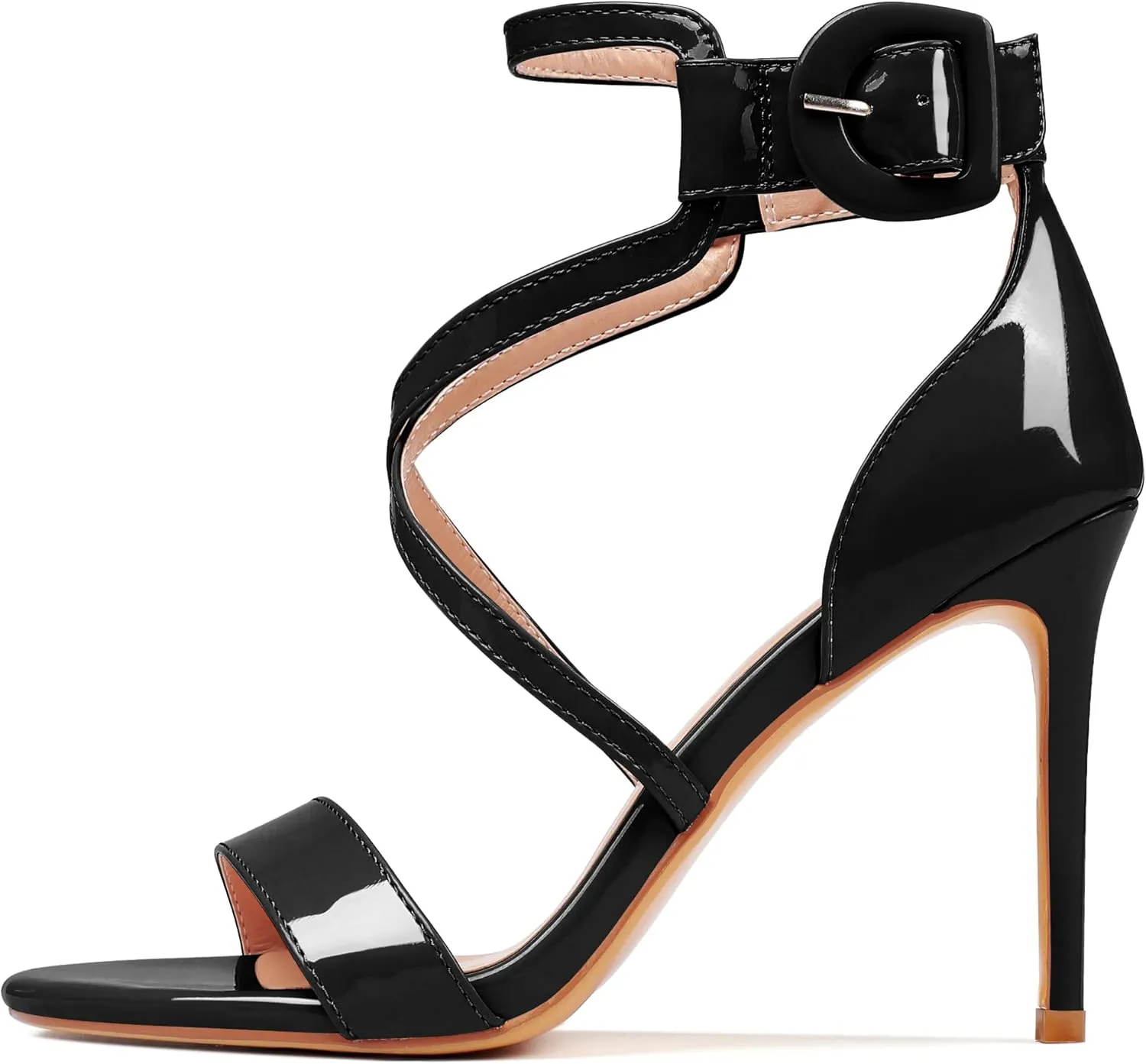 AUMOTED Women Heeled Sandals Stilettos High Heels Solid Patent Open Toe Sandals Criss Cross Ankle Strap Summer Shoes 4 Inch