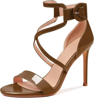AUMOTED Women Heeled Sandals Stilettos High Heels Solid Patent Open Toe Sandals Criss Cross Ankle Strap Summer Shoes 4 Inch