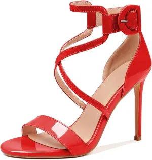 AUMOTED Women Heeled Sandals Stilettos High Heels Solid Patent Open Toe Sandals Criss Cross Ankle Strap Summer Shoes 4 Inch